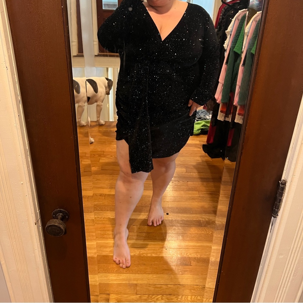 Boohoo plus rainbow velvet plunge drape mini dress